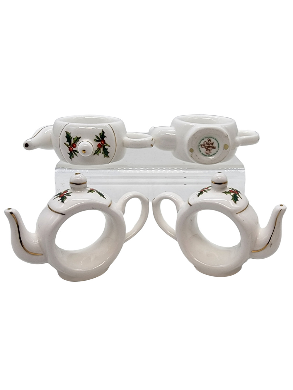 A Cup of Christmas Tea Napkin Ring Set Tom Hegg Book Bone China 1995 4 pc